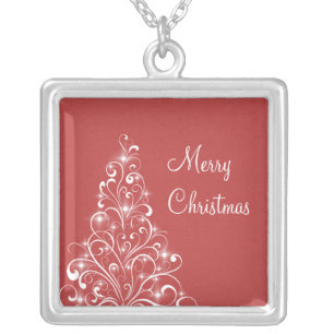 Sparkly Holiday Tree Necklace, Red Silver Plated Necklace