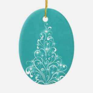 Sparkly Holiday Tree Oval Ornament, Aqua Ceramic Ornament