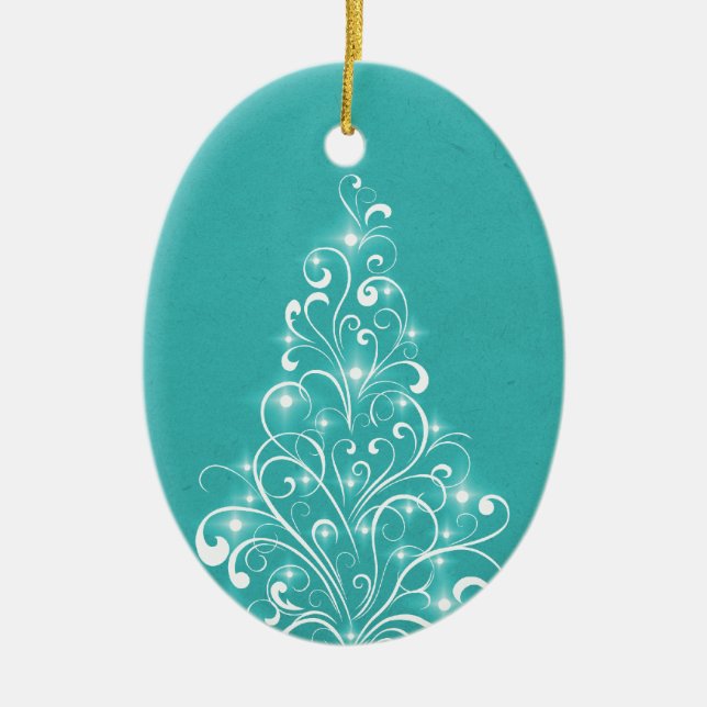 Sparkly Holiday Tree Oval Ornament, Aqua Ceramic Ornament (Front)