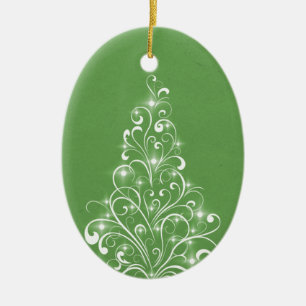 Sparkly Holiday Tree Oval Ornament, Green Ceramic Ornament