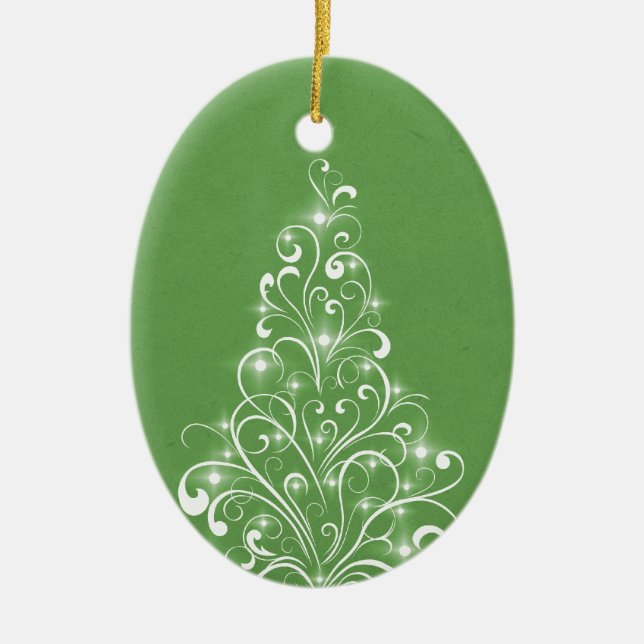 Sparkly Holiday Tree Oval Ornament, Green Ceramic Ornament (Front)