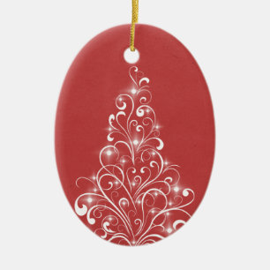Sparkly Holiday Tree Oval Ornament, Red Ceramic Ornament