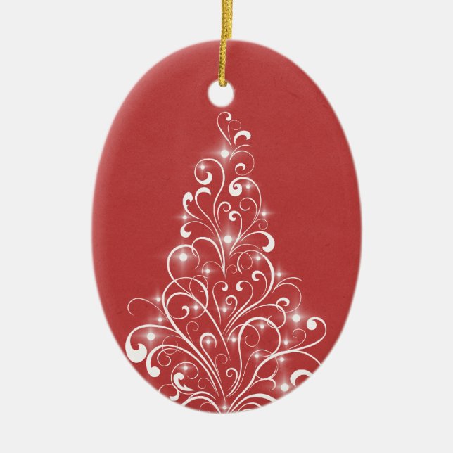 Sparkly Holiday Tree Oval Ornament, Red Ceramic Ornament (Front)
