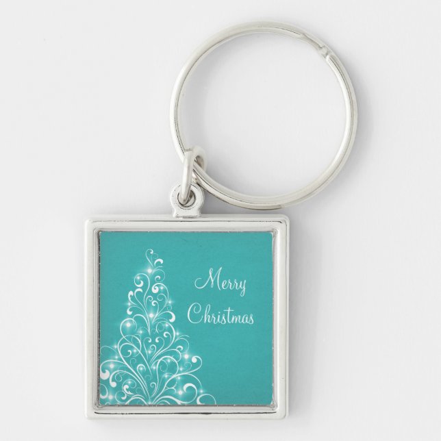 Sparkly Holiday Tree Premium Keychain, Aqua Keychain (Front)