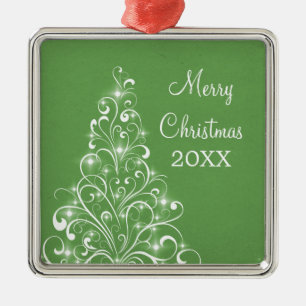 Sparkly Holiday Tree Premium Ornament, Green Metal Ornament