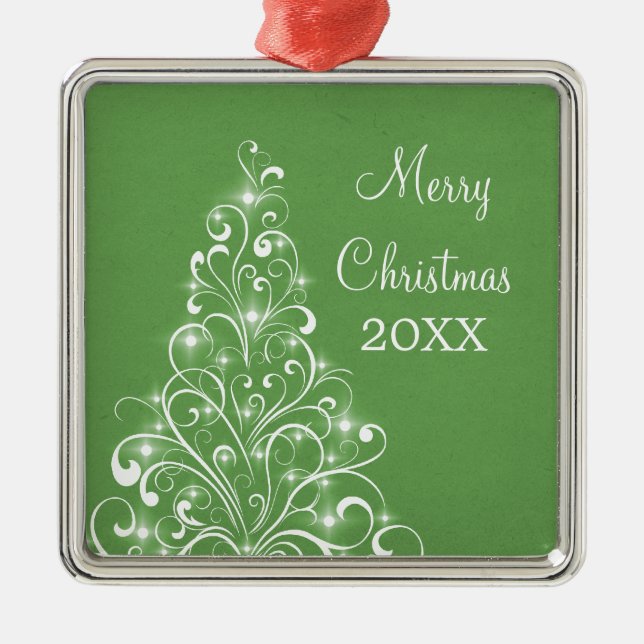 Sparkly Holiday Tree Premium Ornament, Green Metal Ornament (Front)
