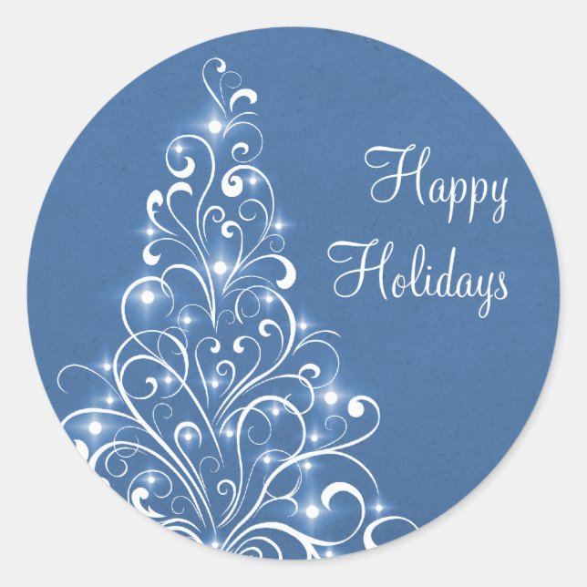 Sparkly Holiday Tree Stickers, Blue Classic Round Sticker (Front)
