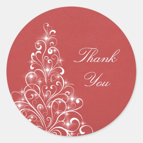 Sparkly Holiday Tree Thank You Stickers Red Classic Round Sticker
