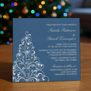 Sparkly Holiday Tree Wedding Invite, Blue Invitation