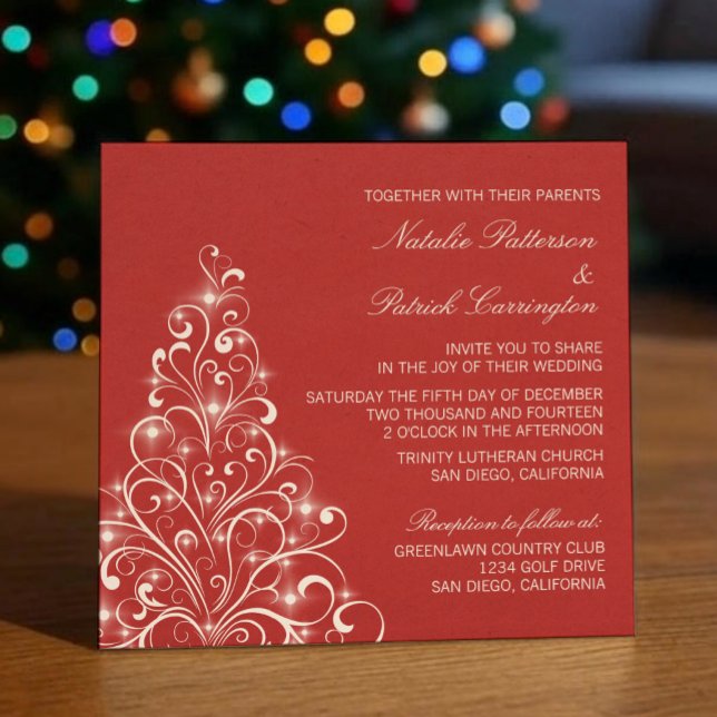 Sparkly Holiday Tree Wedding, Red Invitation (Red Sparkly Holiday Tree Wedding Invitation)