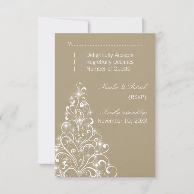 Sparkly Holiday Tree Wedding RSVP Card, Latte Card (Front)