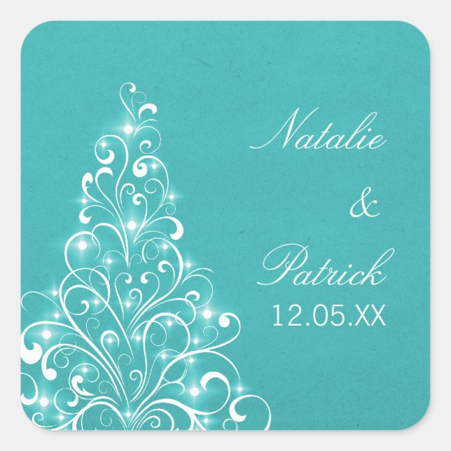 Sparkly Holiday Tree Wedding Stickers, Aqua Square Sticker (Front)