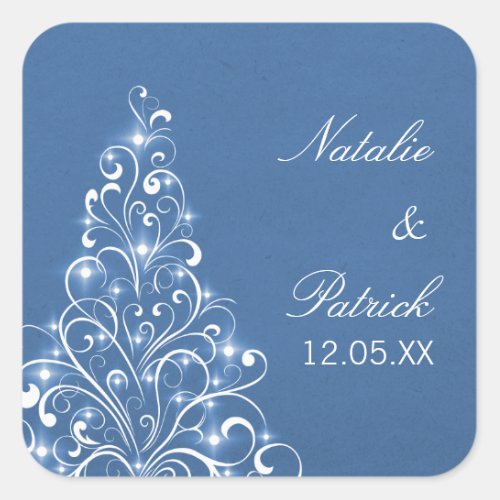 Sparkly Holiday Tree Wedding Stickers Blue Square Sticker