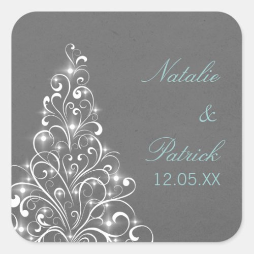 Sparkly Holiday Tree Wedding Stickers Gray Square Sticker