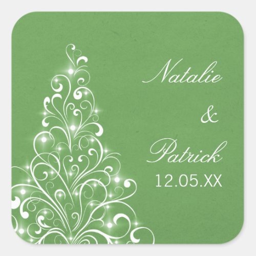 Sparkly Holiday Tree Wedding Stickers Green Square Sticker