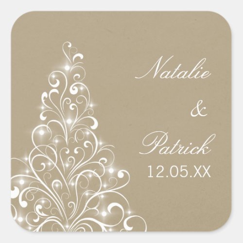 Sparkly Holiday Tree Wedding Stickers Latte Square Sticker