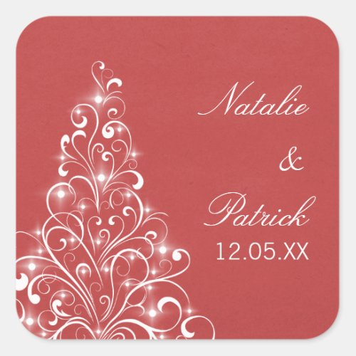 Sparkly Holiday Tree Wedding Stickers Red Square Sticker