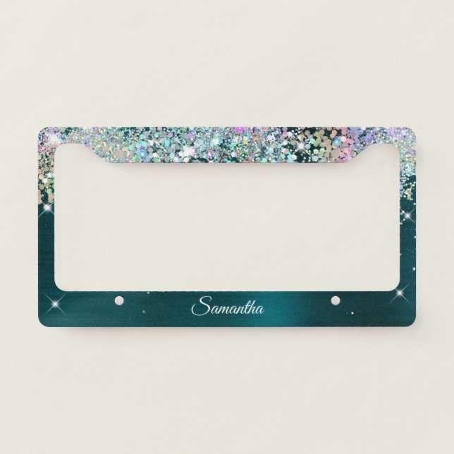 Sparkly Holo Glitter Dark Turquoise Foil License Plate Frame (Front)