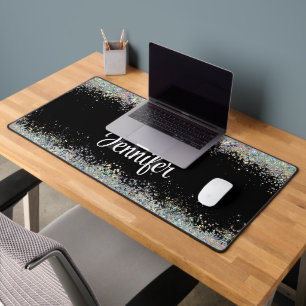Sparkly Holographic Gold Glitter Monogram Black Desk Mat
