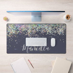 Sparkly Holographic Rose Gold Glitter Monogram Desk Mat