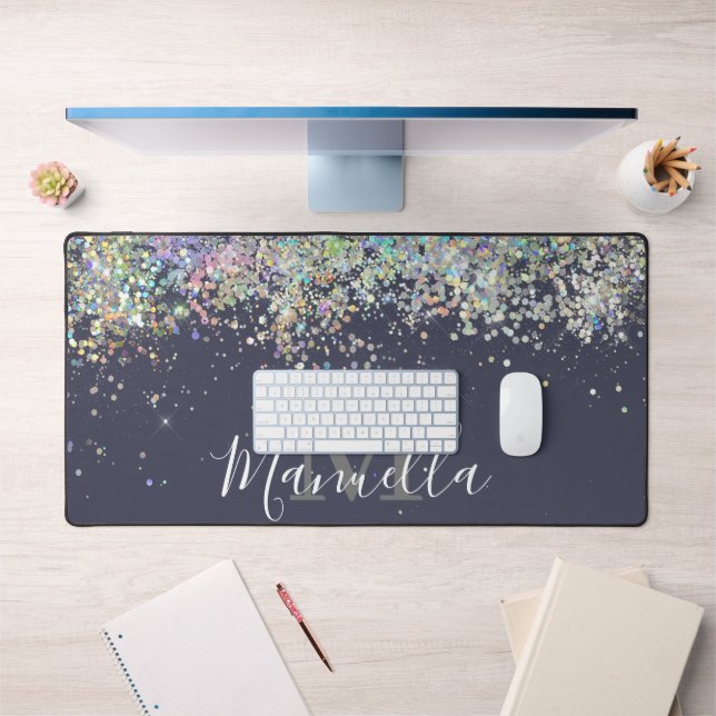 Sparkly Holographic Rose Gold Glitter Monogram Desk Mat (Office 1)