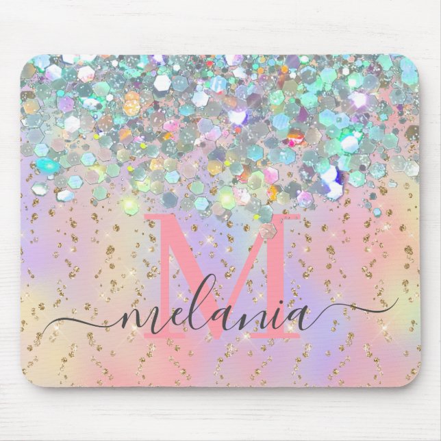 Sparkly Holographic Rose Gold Glitter Monogram  Mouse Pad (Front)