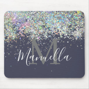 Sparkly Holographic Rose Gold Glitter Monogram Mouse Pad