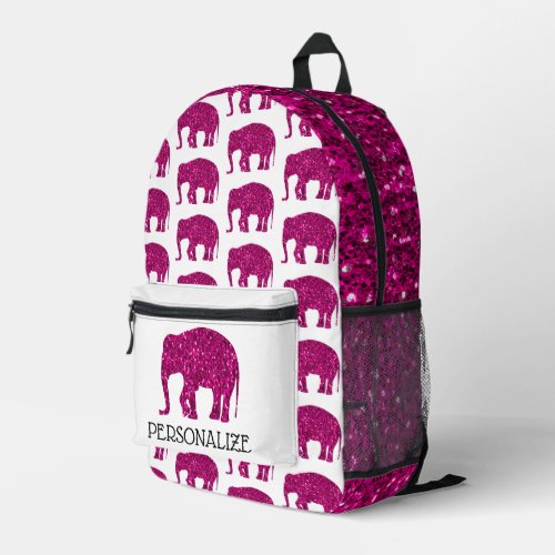 Sparkly hot pink Elephant Custom name black Printed Backpack