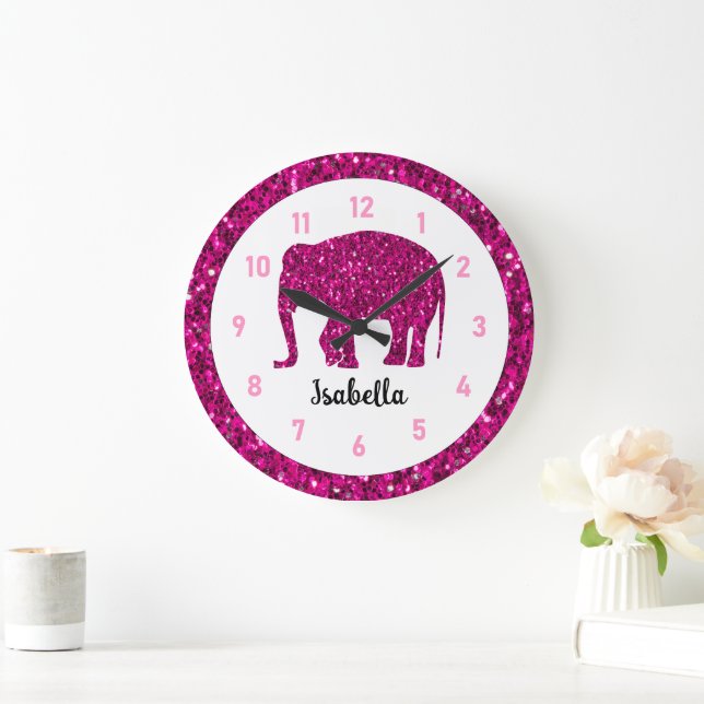 Sparkly hot pink Elephant Custom name Large Clock (Home)