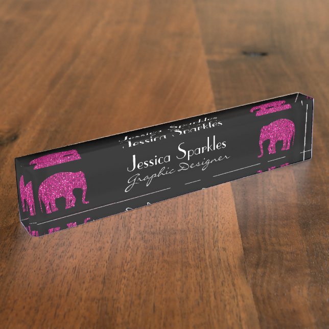 Sparkly hot pink Elephant Custom name Occupation Desk Name Plate (Side)