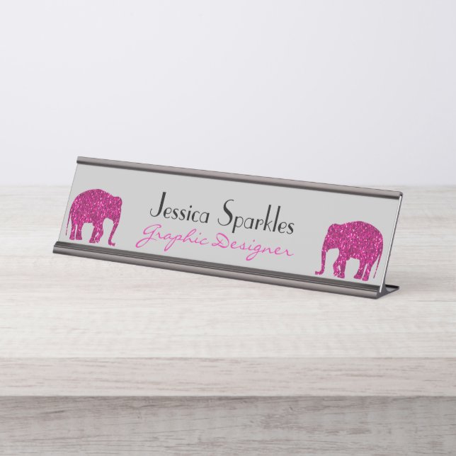 Sparkly hot pink Elephant Custom name Occupation Desk Name Plate (Front)