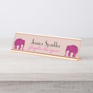 Sparkly hot pink Elephant Custom name Occupation Desk Name Plate