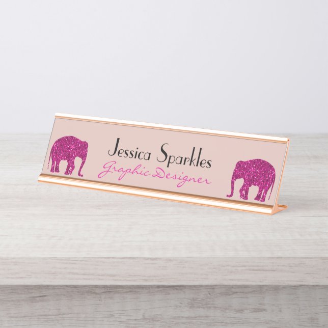 Sparkly hot pink Elephant Custom name Occupation Desk Name Plate (Front)