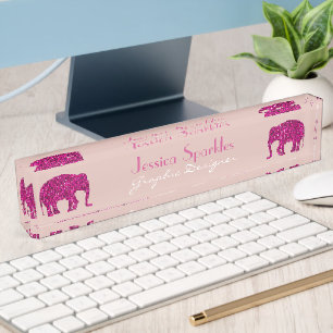 Sparkly hot pink Elephant Custom name Occupation Desk Name Plate
