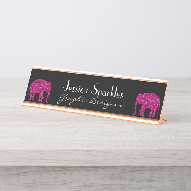 Sparkly hot pink Elephant Custom name Occupation Desk Name Plate (Front)