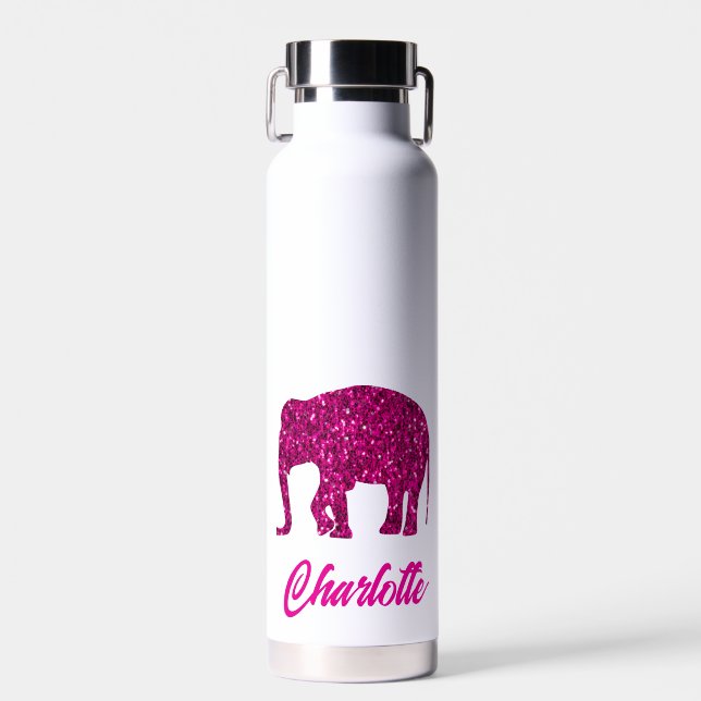 Sparkly hot pink Elephant Custom name Water Bottle (Front)