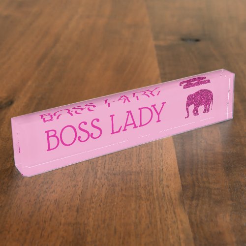 Sparkly hot pink Elephant faux sparkle Boss Lady Desk Name Plate