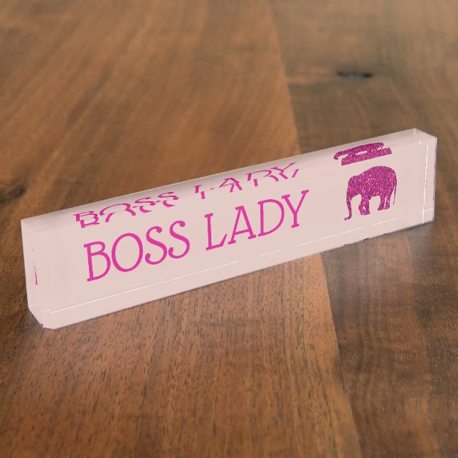 Sparkly hot pink Elephant faux sparkle Boss Lady Desk Name Plate (Side)