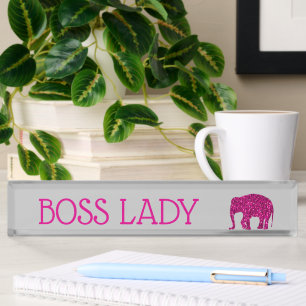 Sparkly hot pink Elephant faux sparkle Boss Lady Desk Name Plate