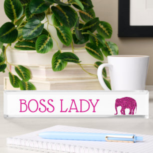 Sparkly hot pink Elephant faux sparkle Boss Lady Desk Name Plate