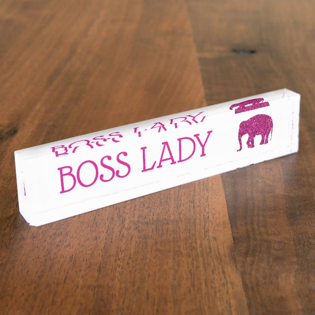 Sparkly hot pink Elephant faux sparkle Boss Lady Desk Name Plate (Side)