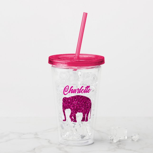 Sparkly hot pink Elephant faux sparkle custom name Acrylic Tumbler (Back Ice)