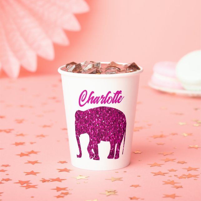 Sparkly hot pink Elephant faux sparkle custom name Paper Cups (Insitu)