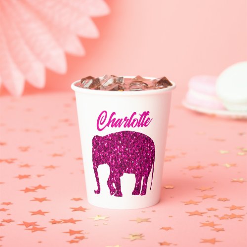 Sparkly hot pink Elephant faux sparkle Your name Paper Cups