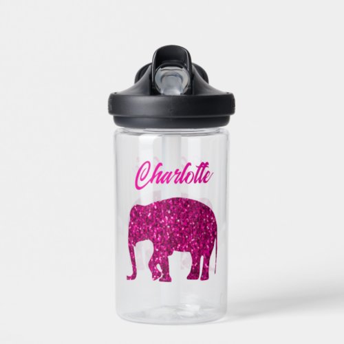 Sparkly hot pink Elephant faux sparkle Your name Water Bottle