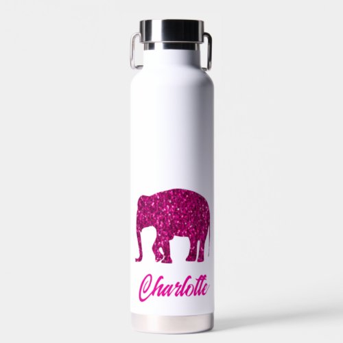 Sparkly hot pink Elephant faux sparkle Your name Water Bottle