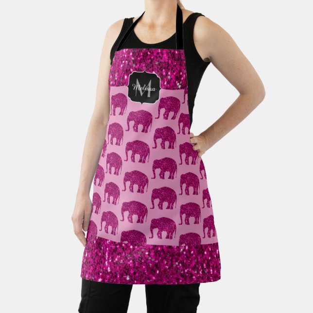 Sparkly hot pink Elephant faux sparkles Monogram Apron (Insitu)