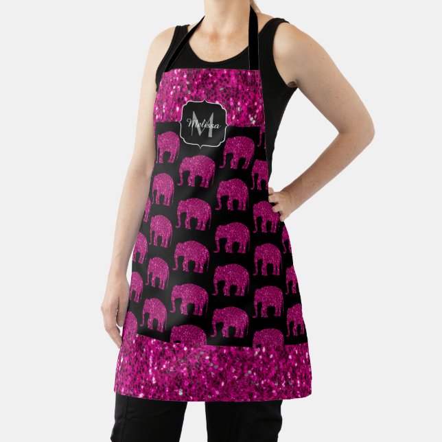 Sparkly hot pink Elephant faux sparkles Monogram Apron (Insitu)