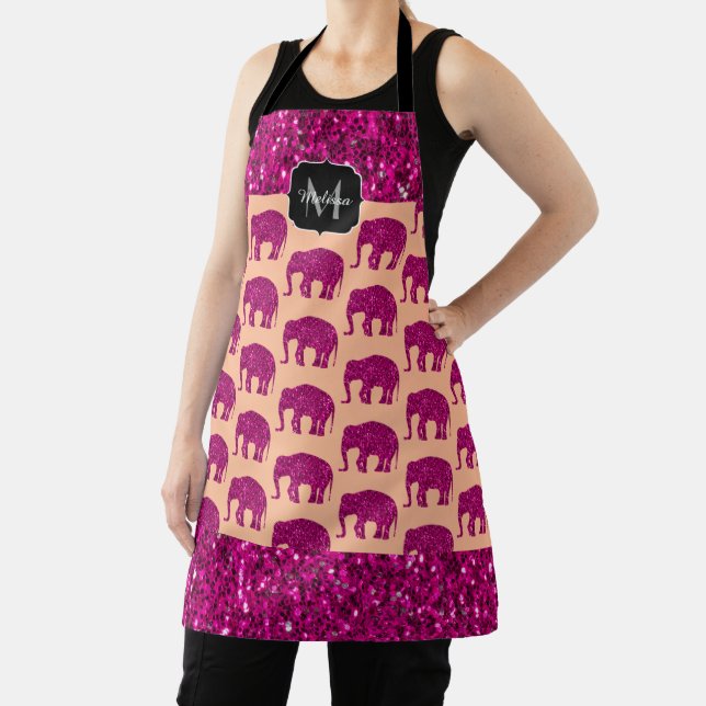 Sparkly hot pink Elephant faux sparkles Monogram Apron (Insitu)