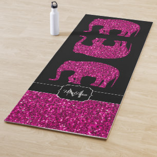 Sparkly hot pink Elephant faux sparkles Monogram Yoga Mat